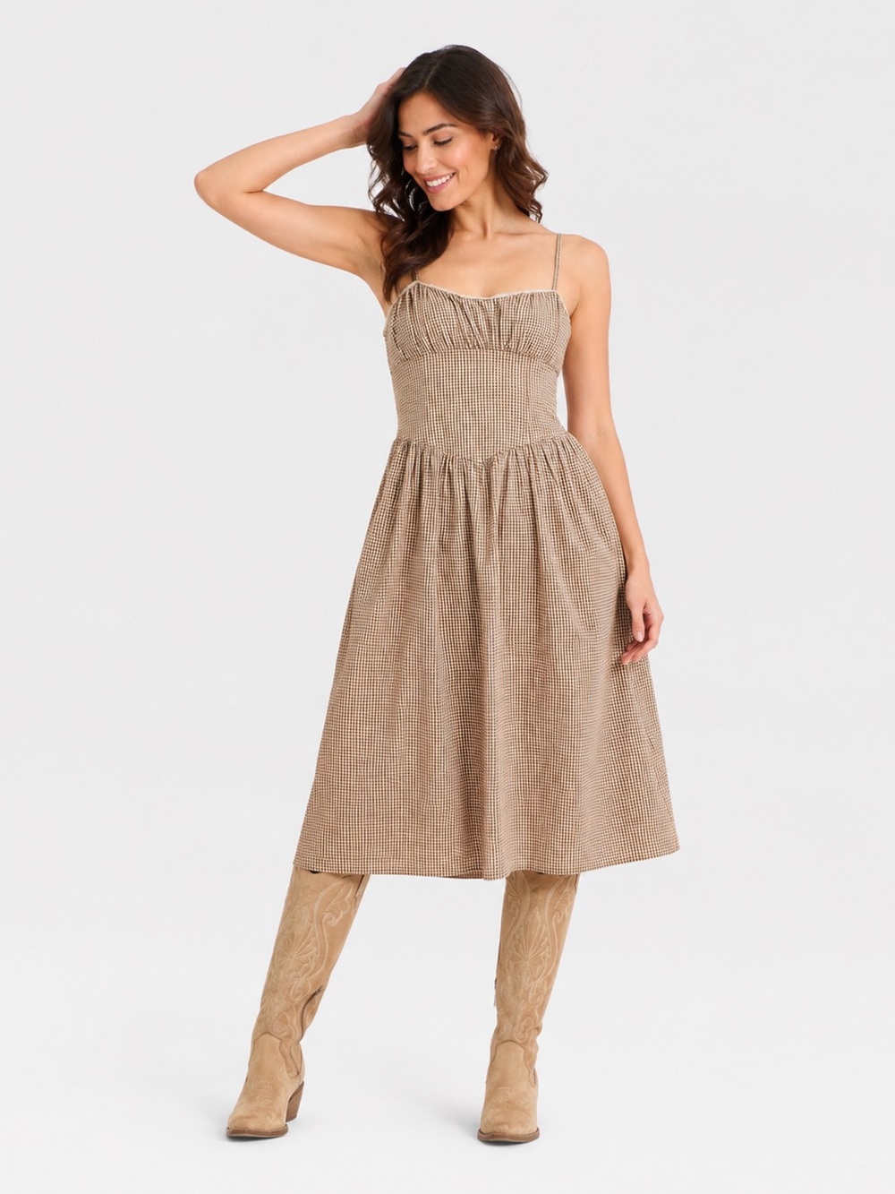 a new day Women's Corset Midi Dress Brown Gingham Size M